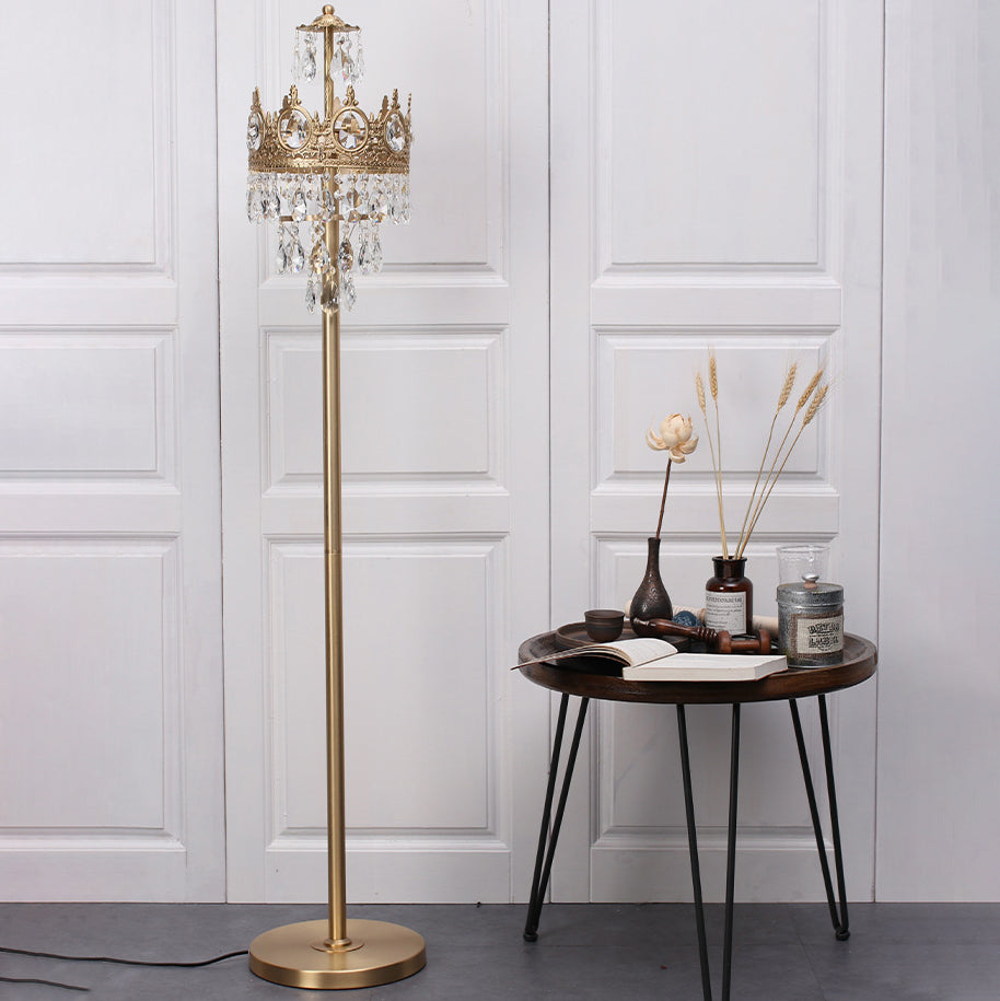 Traditional Luxury Copper Brass Crystal Crown Pendant 3-Light Standing Floor Lamp For Bedroom