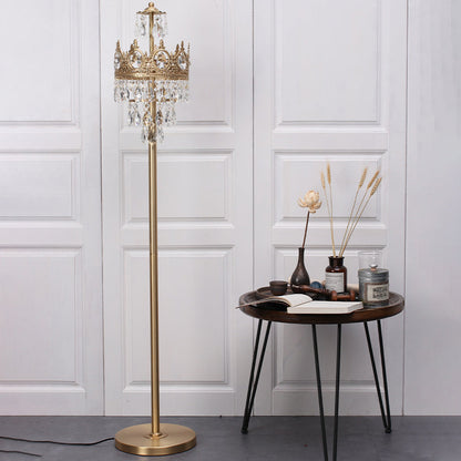 Traditional Luxury Copper Brass Crystal Crown Pendant 3-Light Standing Floor Lamp For Bedroom