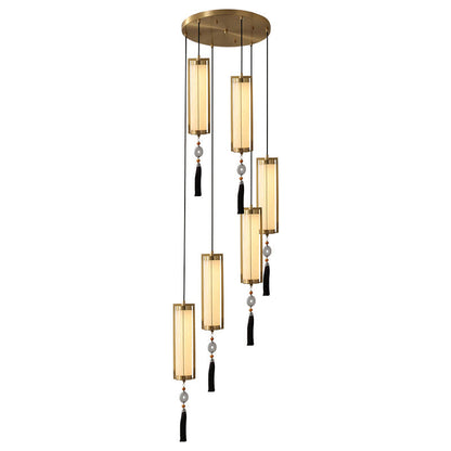 Traditional Chinese Copper Glass Cylinder Elliptical Hollow 1/3/6 Light Chandelier For Entryway