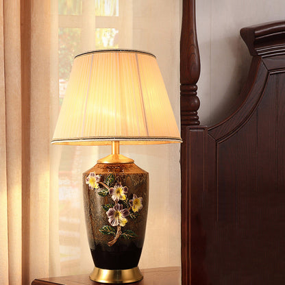 Traditional Vintage Peach Blossom Vase Shaped Ceramic Copper Fabric 1-Light Table Lamp For Bedroom