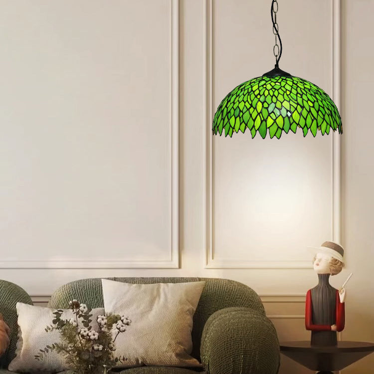 Traditional Tiffany Round Leaf Tulip Hardware Stained Glass 1 Light Chandelier For Living Room