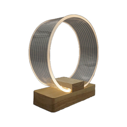 Nordic Minimalist High Translucent Acrylic Circle Ring Beech Wood Base LED Table Lamp