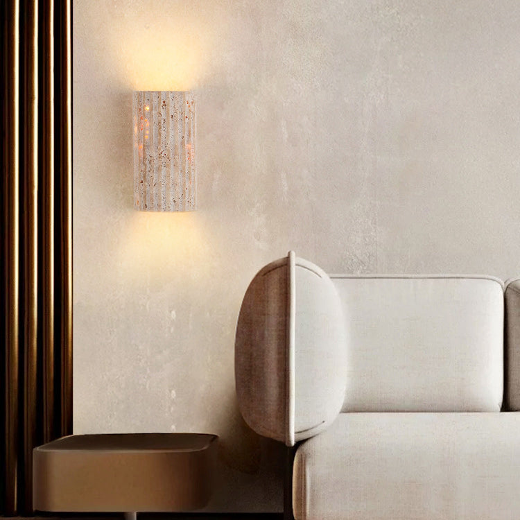 Traditional Japanese Striped Beige Travertine Semicircle LED Waterproof Wall Sconce Lamp For Living Room
