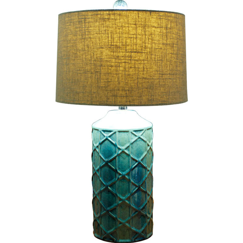 Traditional Vintage Cylinder Stripe Base Ceramic Fabric 1-Light Table Lamp For Bedroom