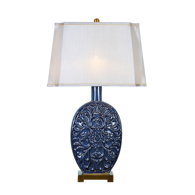 Traditional Chinese Oval Ceramic Fabric Lampshade Copper Base 1-Light Table Lamp For Living Room