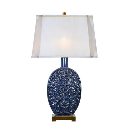 Traditional Chinese Oval Ceramic Fabric Lampshade Copper Base 1-Light Table Lamp For Living Room