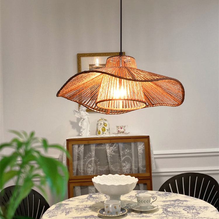 Traditional Vintage Weaving Iron Paper Rope Hat Cylinder 1-Light Pendant Light For Dining Room