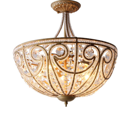 French Luxury Crystal Bead Strings Bowl Gold Iron 5-Light Semi-Flush Mount Ceiling Light