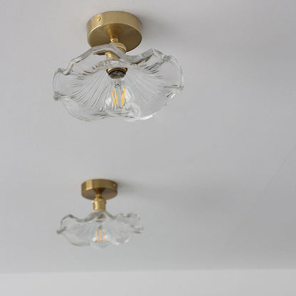 European Vintage Lotus Leaf Iron Copper 1-Light Semi-Flush Mount Light