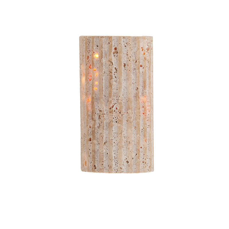 Traditional Japanese Striped Beige Travertine Semicircle LED Waterproof Wall Sconce Lamp For Living Room