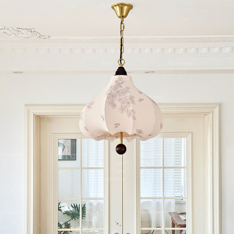 Traditional Vintage Chestnut Shaped Walnut Fabric Iron 1-Light Pendant Light For Bedroom