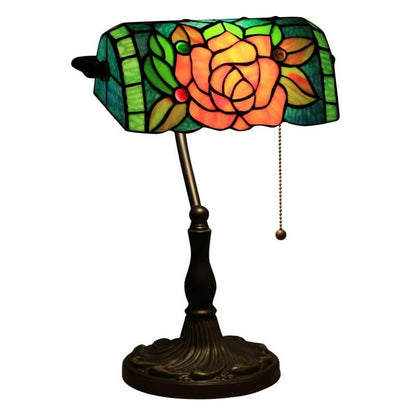 Tiffany Vintage Blooming Flowers Stained Glass 1-Light Bank Table Lamp