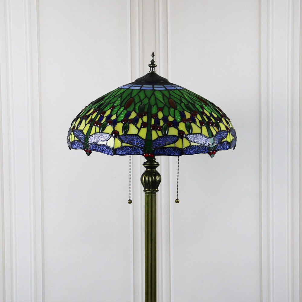 Tiffany Vintage Dragonfly Stained Glass Resin Dome 2-Light Standing Floor Lamp