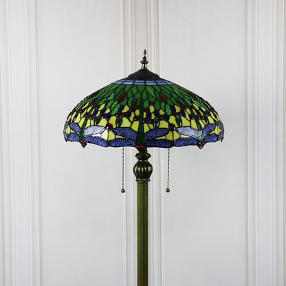 Tiffany Vintage Dragonfly Stained Glass Resin Dome 2-Light Standing Floor Lamp