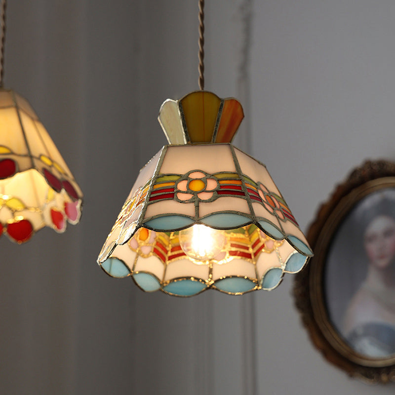 Contemporary Vintage Pentagonal Hexagonal Brass Glass 1-Light Pendant Light For Living Room