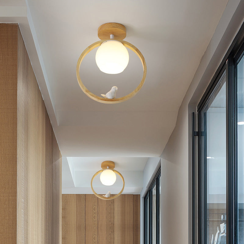 Traditional Japanese Wood Circle Ring Glass Ball Shade Bird 1-Light Semi-Flush Mount Ceiling Light For Living Room