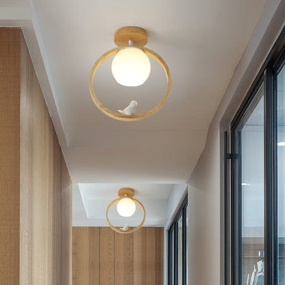 Traditional Japanese Wood Circle Ring Glass Ball Shade Bird 1-Light Semi-Flush Mount Ceiling Light For Living Room