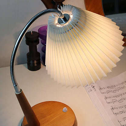 French Vintage Pleated Solid Wood Base Curved Arm 1-Light Table Lamp