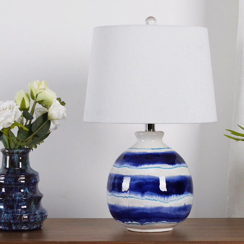 European Vintage White Cone Fabric Blue Ceramic 1-Light Table Lamp