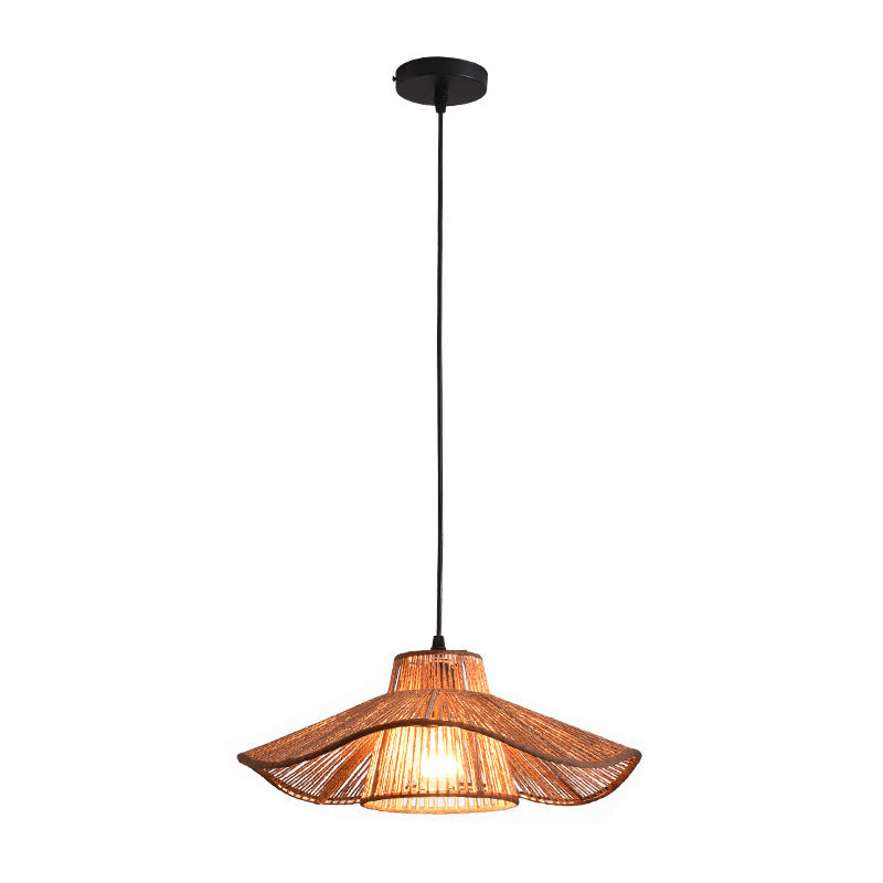 Traditional Vintage Weaving Iron Paper Rope Hat Cylinder 1-Light Pendant Light For Dining Room
