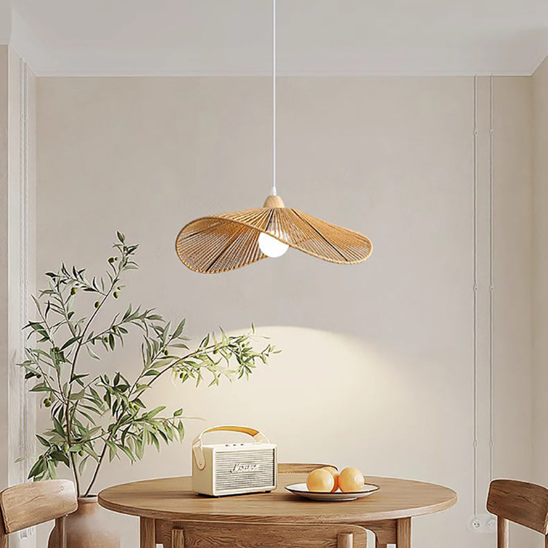 Traditional Vintage Wood Paper Rope Weaving Straw Hat Shape 1-Light Pendant Light For Living Room