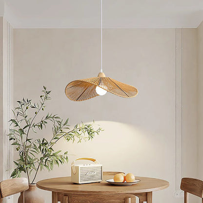 Traditional Vintage Wood Paper Rope Weaving Straw Hat Shape 1-Light Pendant Light For Living Room
