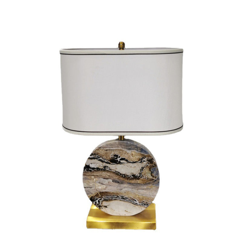 Traditional Chinese Round Rectangular Marble Fabric Metal Base 1-Light Table Lamp For Living Room