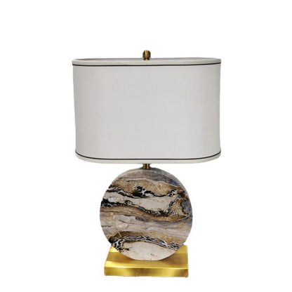 Traditional Chinese Round Rectangular Marble Fabric Metal Base 1-Light Table Lamp For Living Room