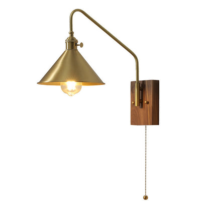 Contemporary Retro Brass Walnut Conic 1-Light Wall Sconce Lamp For Bedside