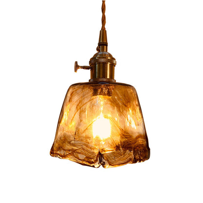 Traditional Vintage Amber Square Glass Brass 1-Light Pendant Light For Living Room