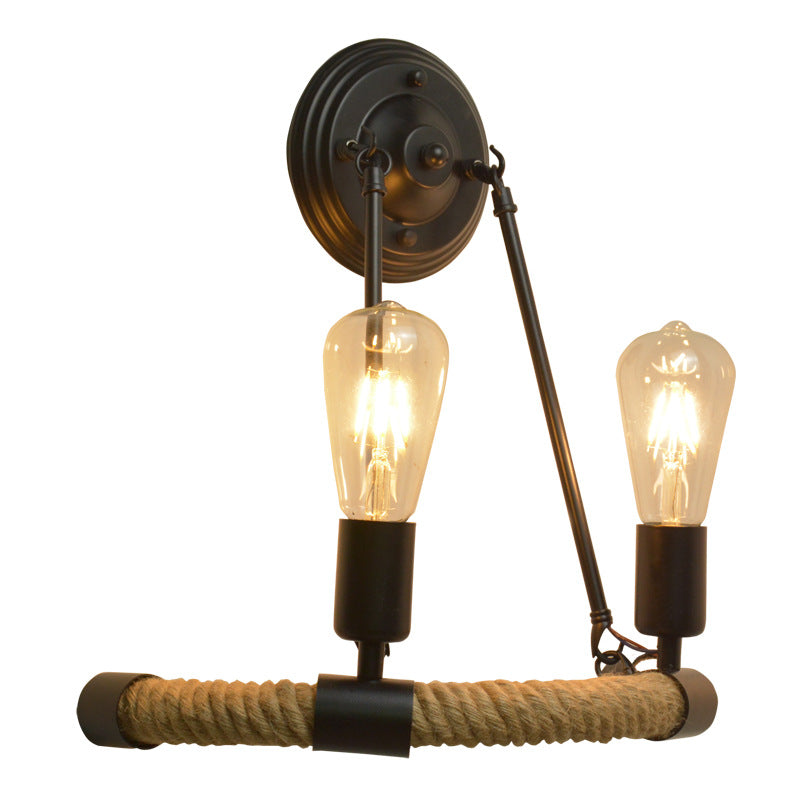 Traditional Farmhouse Iron Hemp Rope Half Circle 2-Light Wall Sconce Lamp For Dining Room