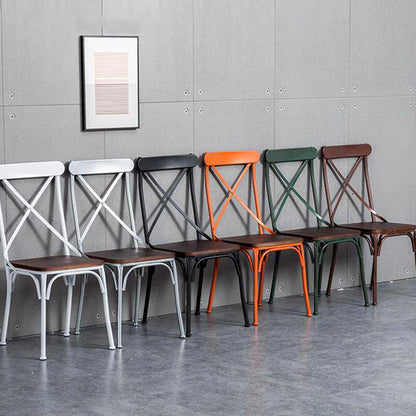Contemporary Industrial PU Leather Wood Iron Square X Shape Back Dining Chair & Table Set For Dining Room