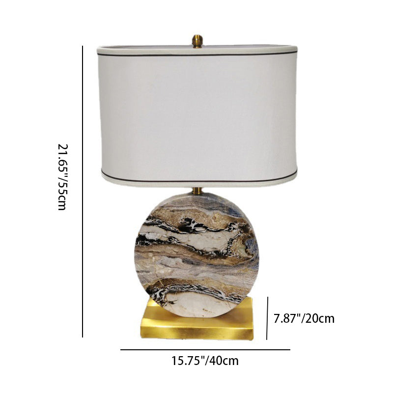 Traditional Chinese Round Rectangular Marble Fabric Metal Base 1-Light Table Lamp For Living Room