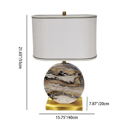 Traditional Chinese Round Rectangular Marble Fabric Metal Base 1-Light Table Lamp For Living Room