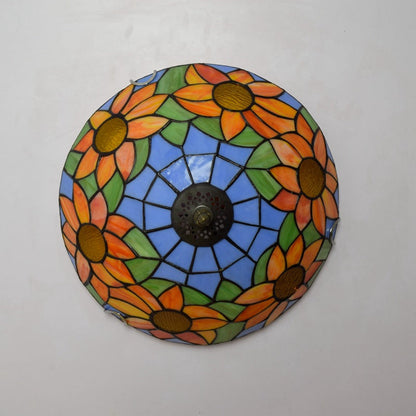Traditional Tiffany Dome Sunflower Iron Glass 2-Light Flush Mount Ceiling Light For Living Room