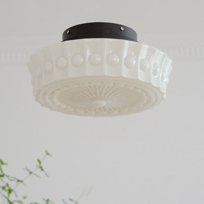 French Vintage White Jade Glass Stripes Round Drum LED Semi-Flush Mount Ceiling Light