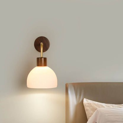 Japanese Walnut Striped Glass Dome 1-Light Wall Sconce Lamp