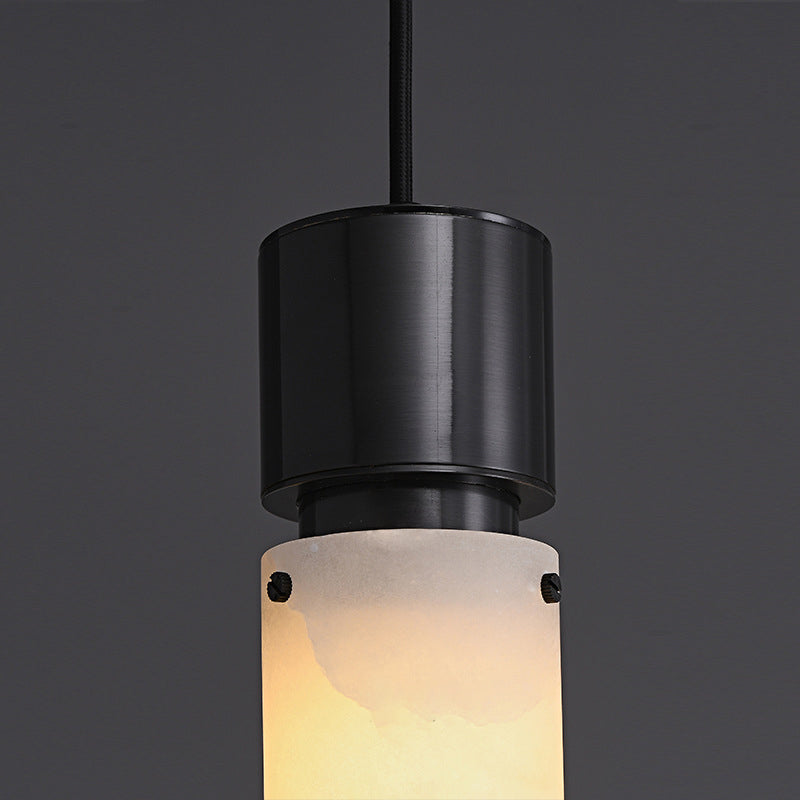 Traditional Chinese Copper Marble Cylinder 1-Light Pendant Light For Bedside