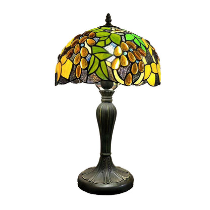 Traditional Tiffany Metal Glass Dome Grape Flower Dragonfly Butterfly 1-Light Table Lamp For Bedside