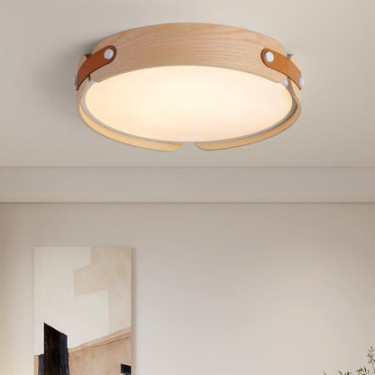 Modern Minimalist Solid Wood Round Leather Design LED Flush Mount Ceiling Light