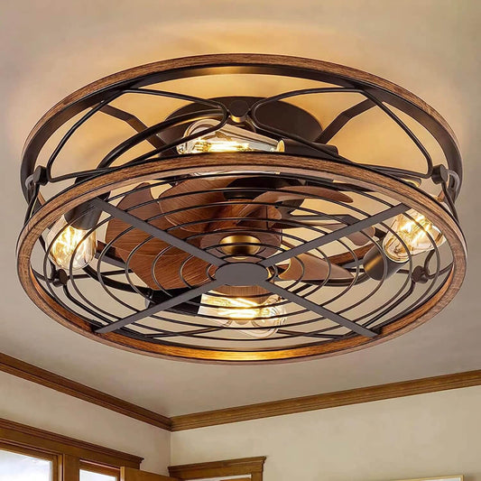 Nordic Industrial Wrought Iron Cylinder 4-Light Flush Mount Ceiling Invisible Fan Light