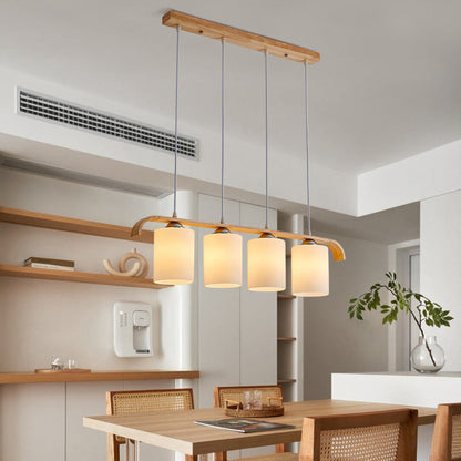 Contemporary Scandinavian Long Cylinder Glass Wood 4-Light Island Light Chandelier For Living Room
