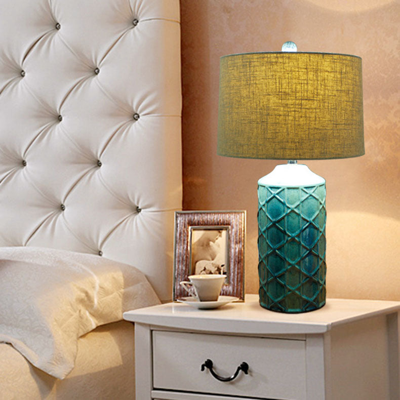 Traditional Vintage Cylinder Stripe Base Ceramic Fabric 1-Light Table Lamp For Bedroom