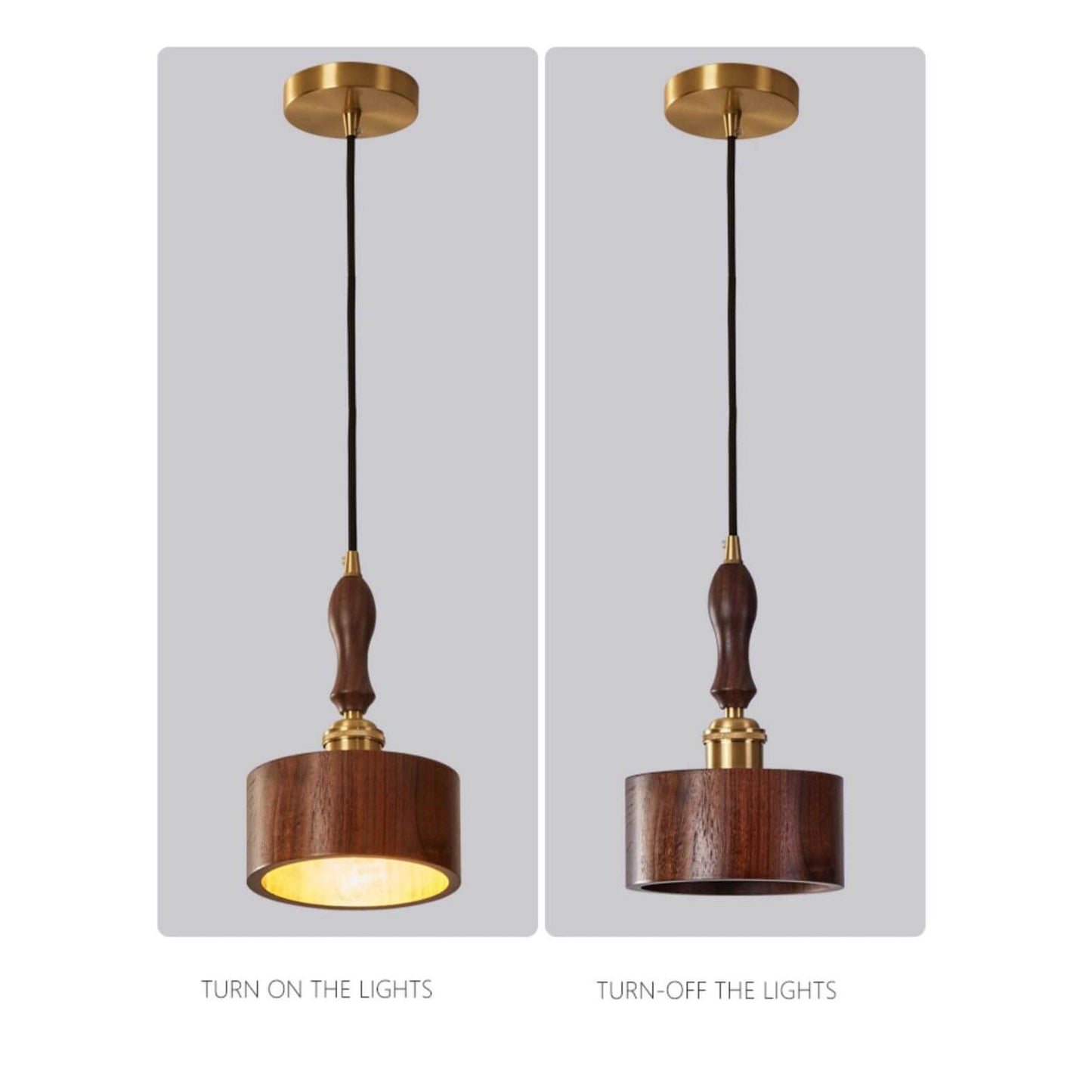 Japanese Brass Walnut Drum 1-Light Pendant Light
