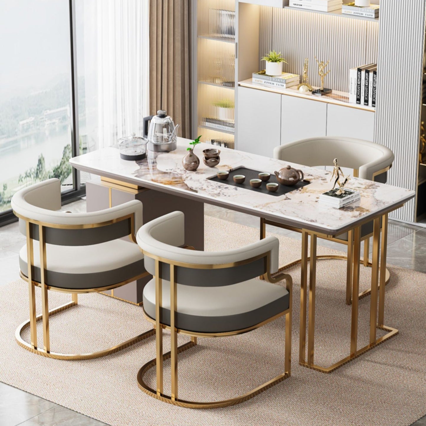 Traditional Luxury U-Shape Metal Microfiber Leather Dining Chair Backrest Armrest for Dining Room