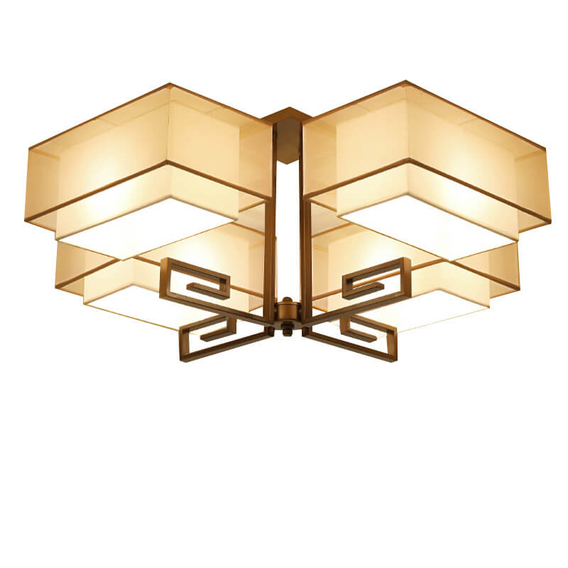 Modern Chinese Fabric Square Geometric Hardware 4-Light Semi-Flush Mount Ceiling Light