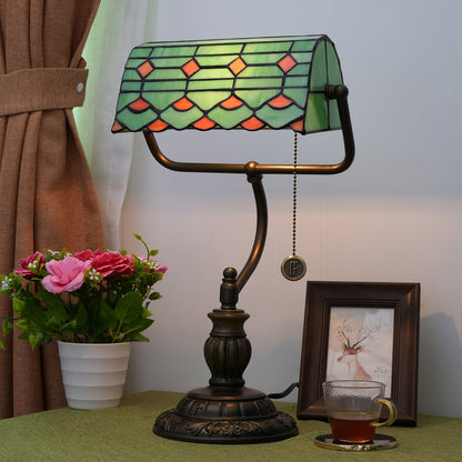 Traditional Tiffany Green Leaf Red Spot Trapezoidal Iron Resin Glass 1-Light Zipper Table Lamp For Bedside