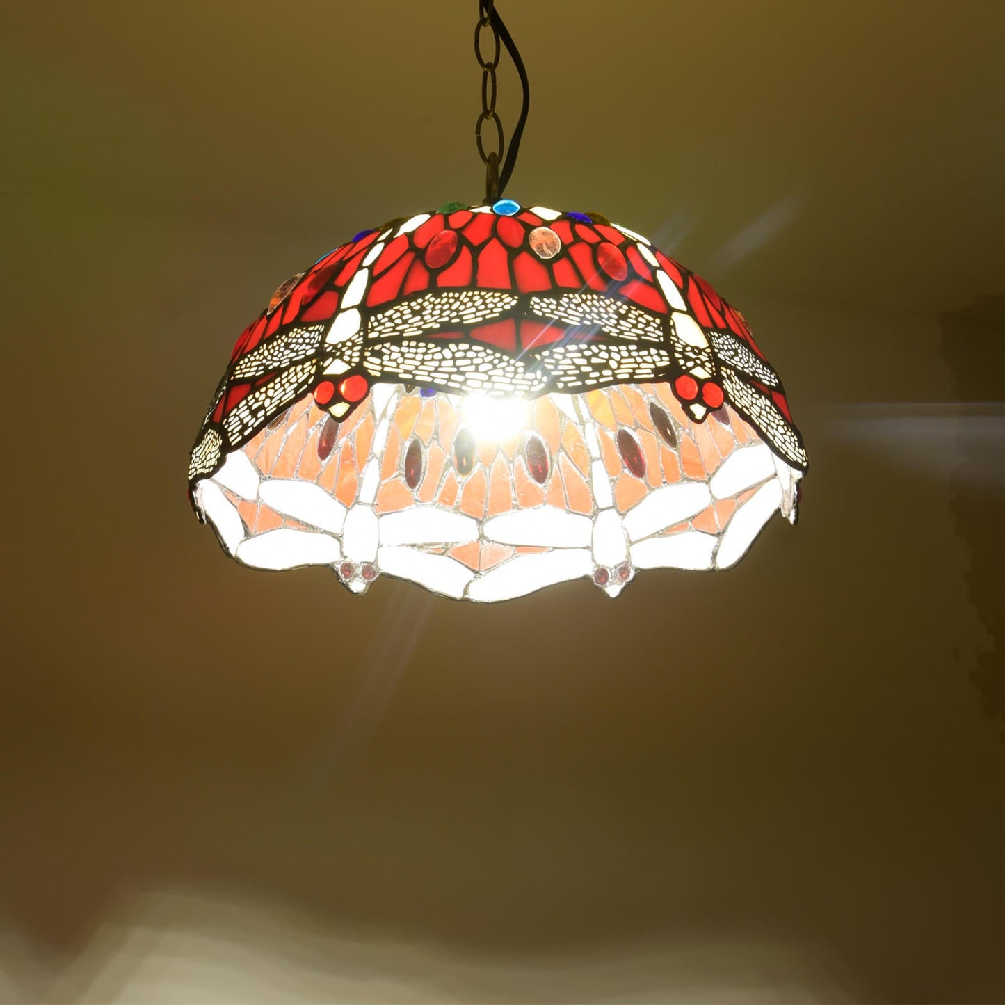 European Vintage Tiffany Red Dragonfly Iron Glass 1-Light Pendant Light