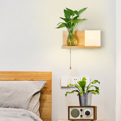 Modern Minimalist Rectangular Cylinder Orb Glass Wood 1-Light Wall Sconce Lamp For Living Room