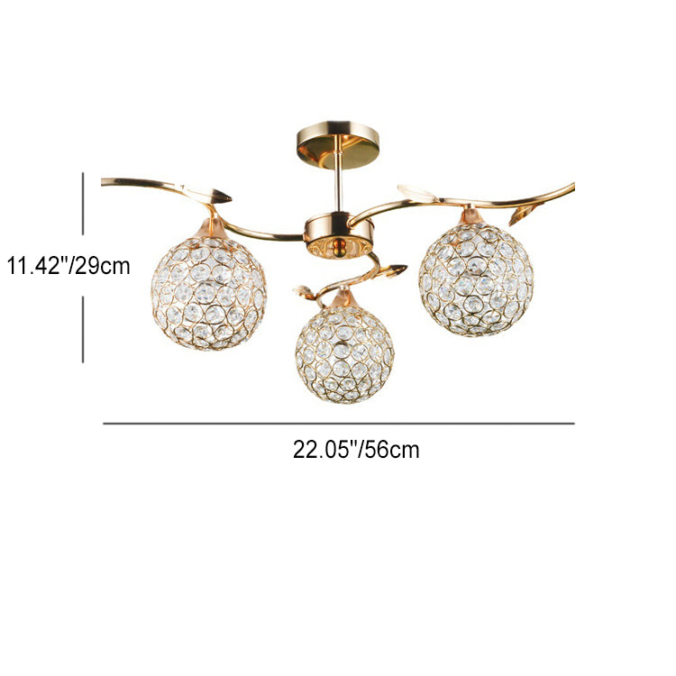 Modern Art Deco Round Hollowed Out Orb Iron Crystal 3-Light Semi-Flush Mount Ceiling Light For Living Room